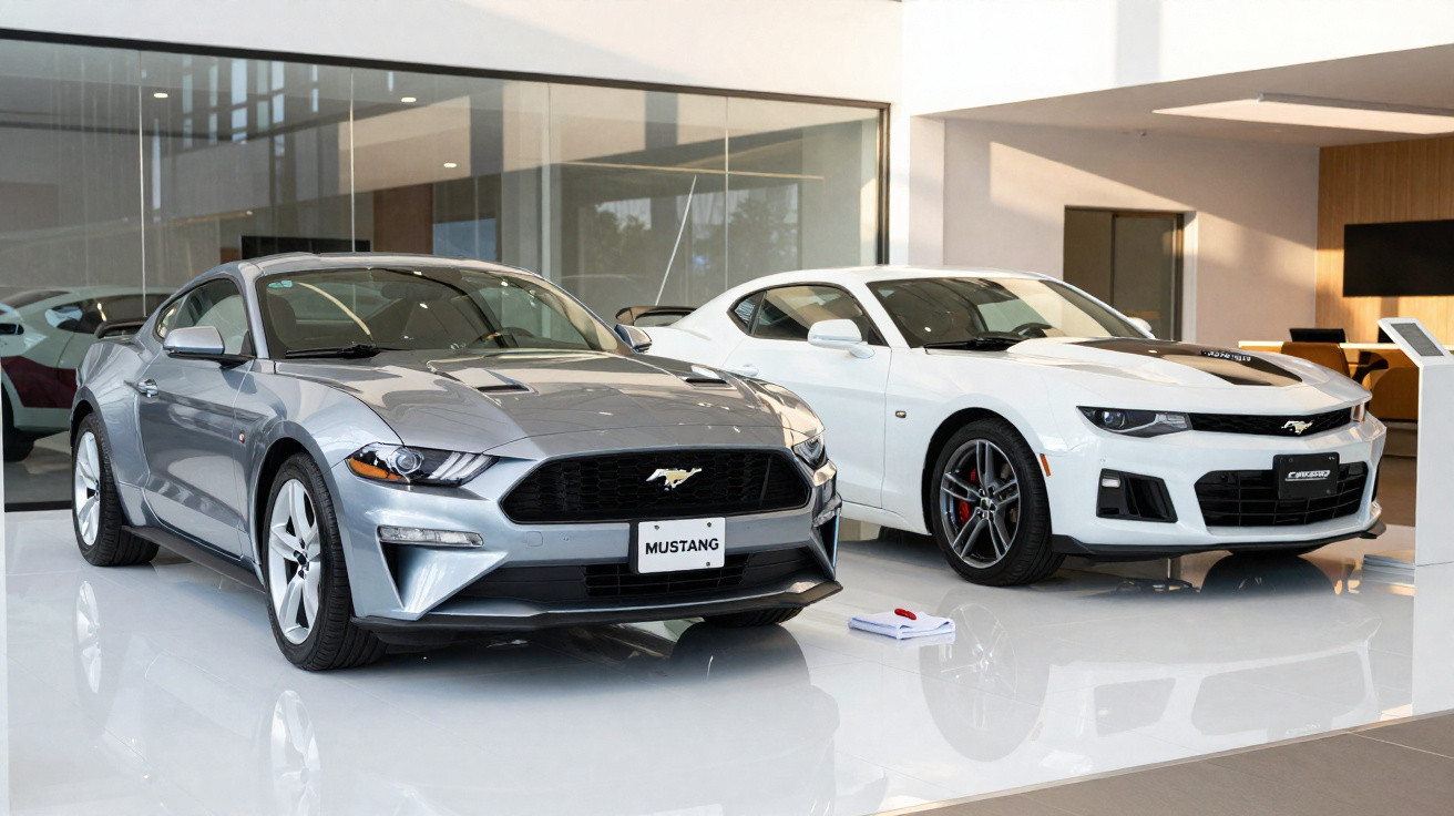 Dois carros esportivos Ford Mustang, um cinza e um branco, expostos em showroom moderno.