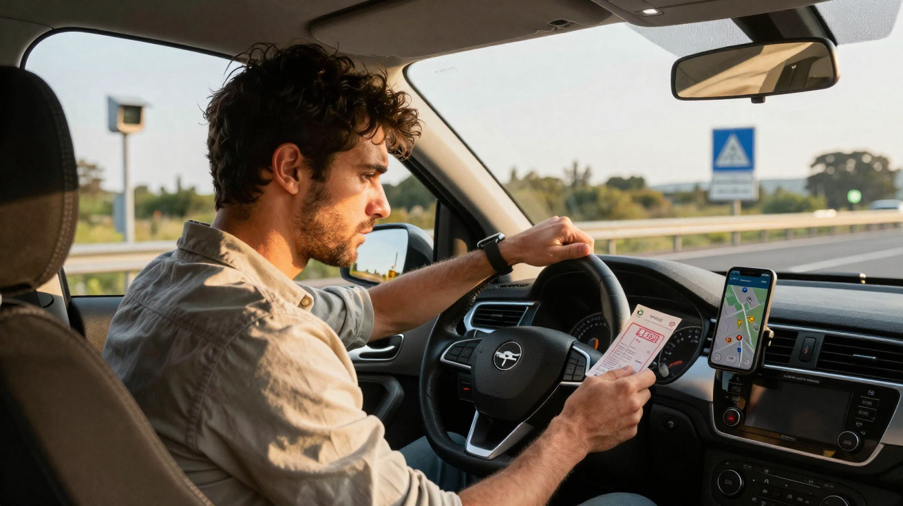 Homem dirige carro e usa celular com aplicativo de mapas enquanto segura papel com informações.