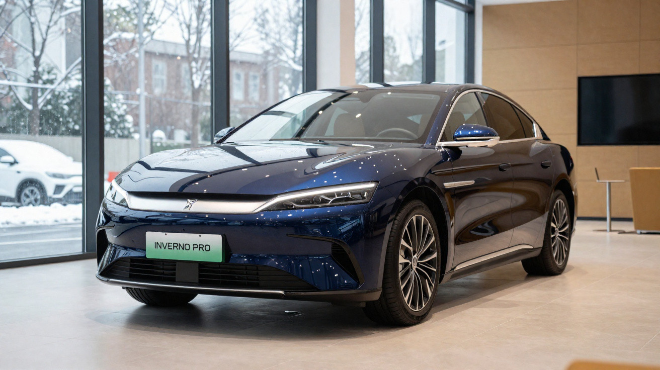 Carro elétrico azul escuro Inverno Pro exibido em showroom moderno com janelas grandes.
