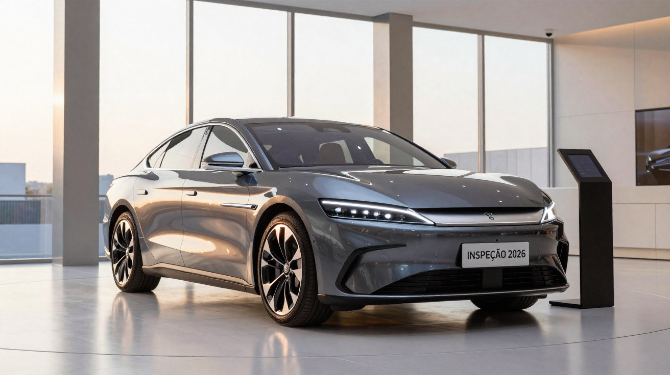 Carro elétrico cinza em exposição interna com placa escrita "Inspeção 2026" e luzes dianteiras acesas.