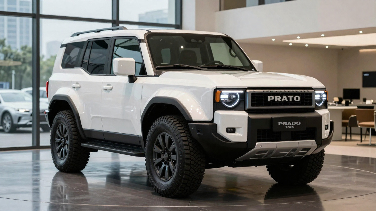 SUV branco modelo Prado 2024 em mostrador interno de concessionária com rodas robustas e faróis acesos.