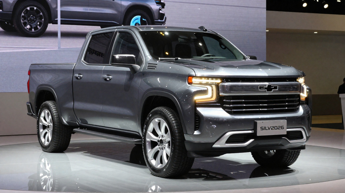 Picape Chevrolet Silverado 2026 cinza exposta em salão automotivo com iluminação destacada.