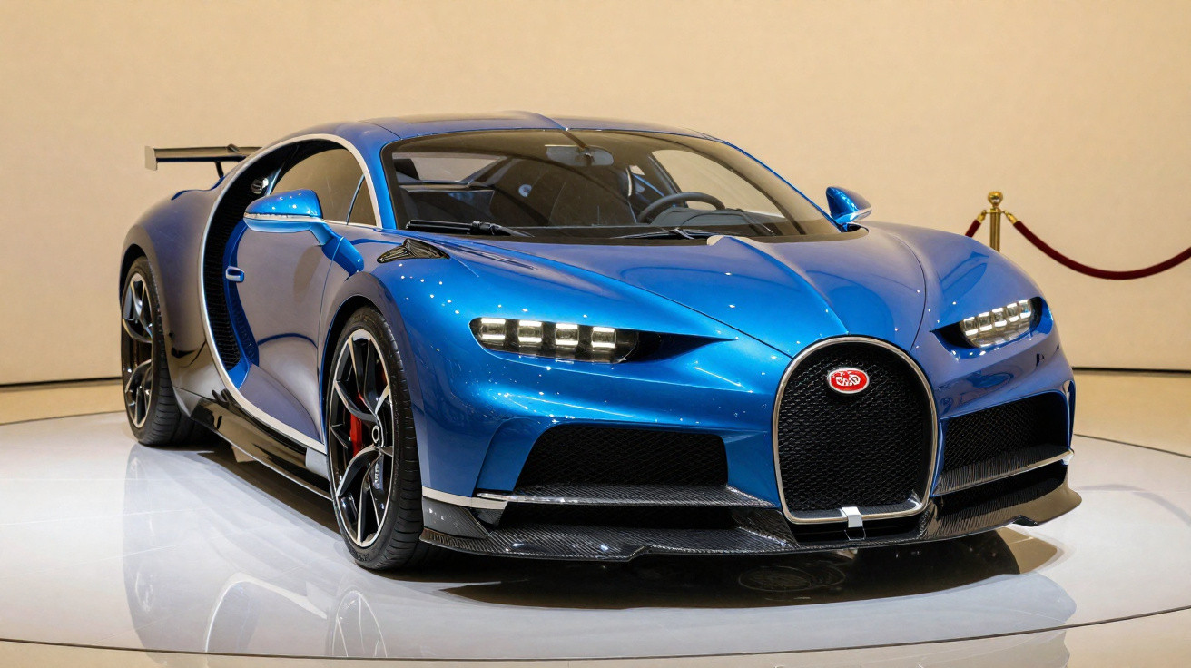 Carro esportivo Bugatti Chiron azul exibido em showroom com iluminação suave e fundo neutro.