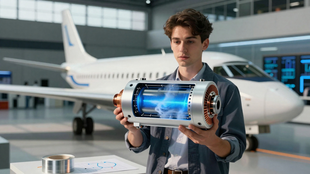 Jovem segurando modelo tecnológico com luz azul em hangar de aeroporto, com avião ao fundo.