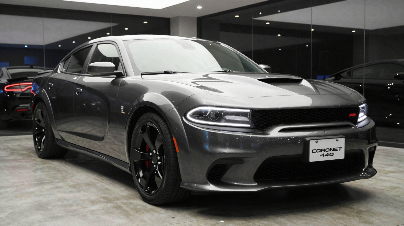 Carro esportivo cinza escuro Dodge Coronet 440 estacionado em garagem com paredes espelhadas.