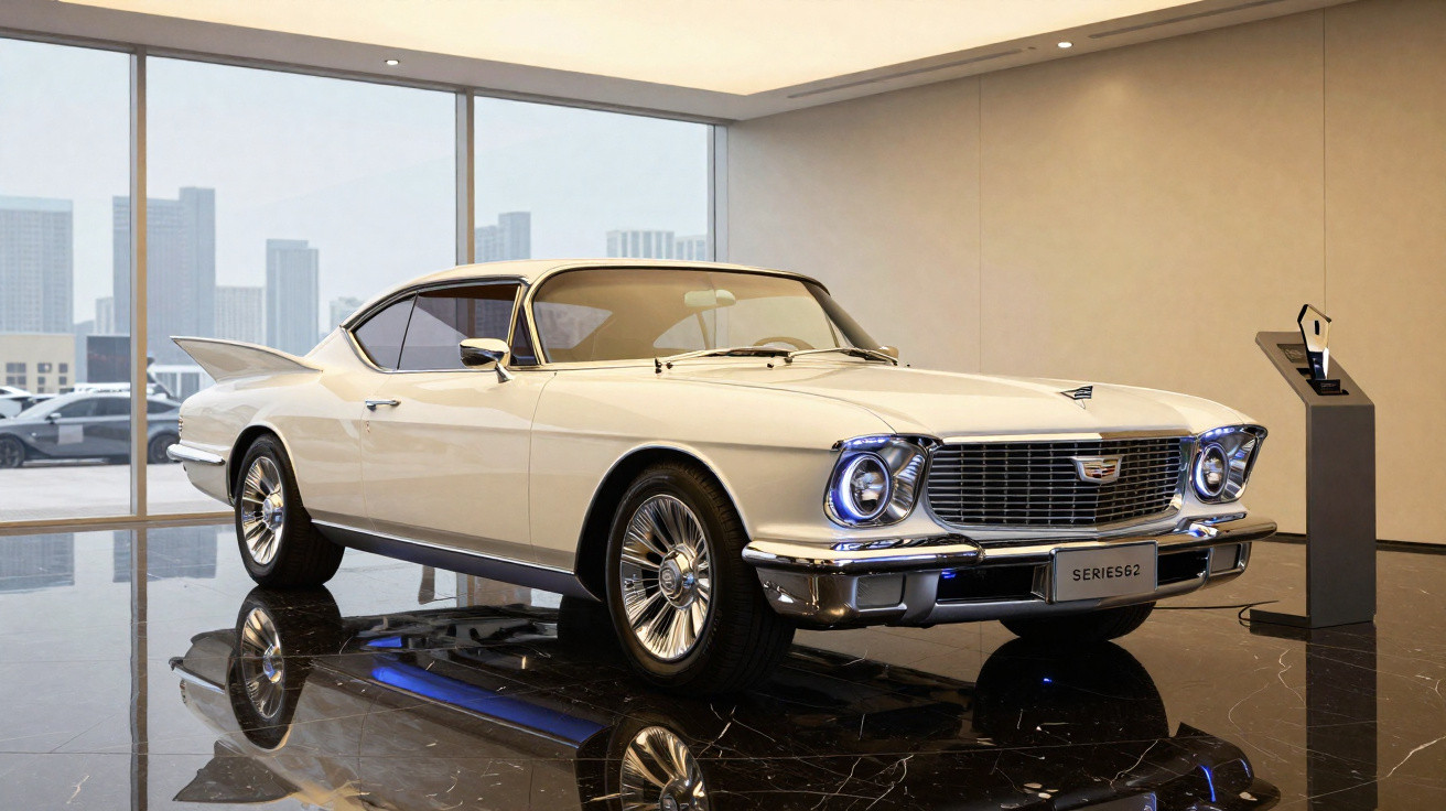 Carro clássico branco Buick Riviera Series 62 em exposição dentro de showroom moderno.