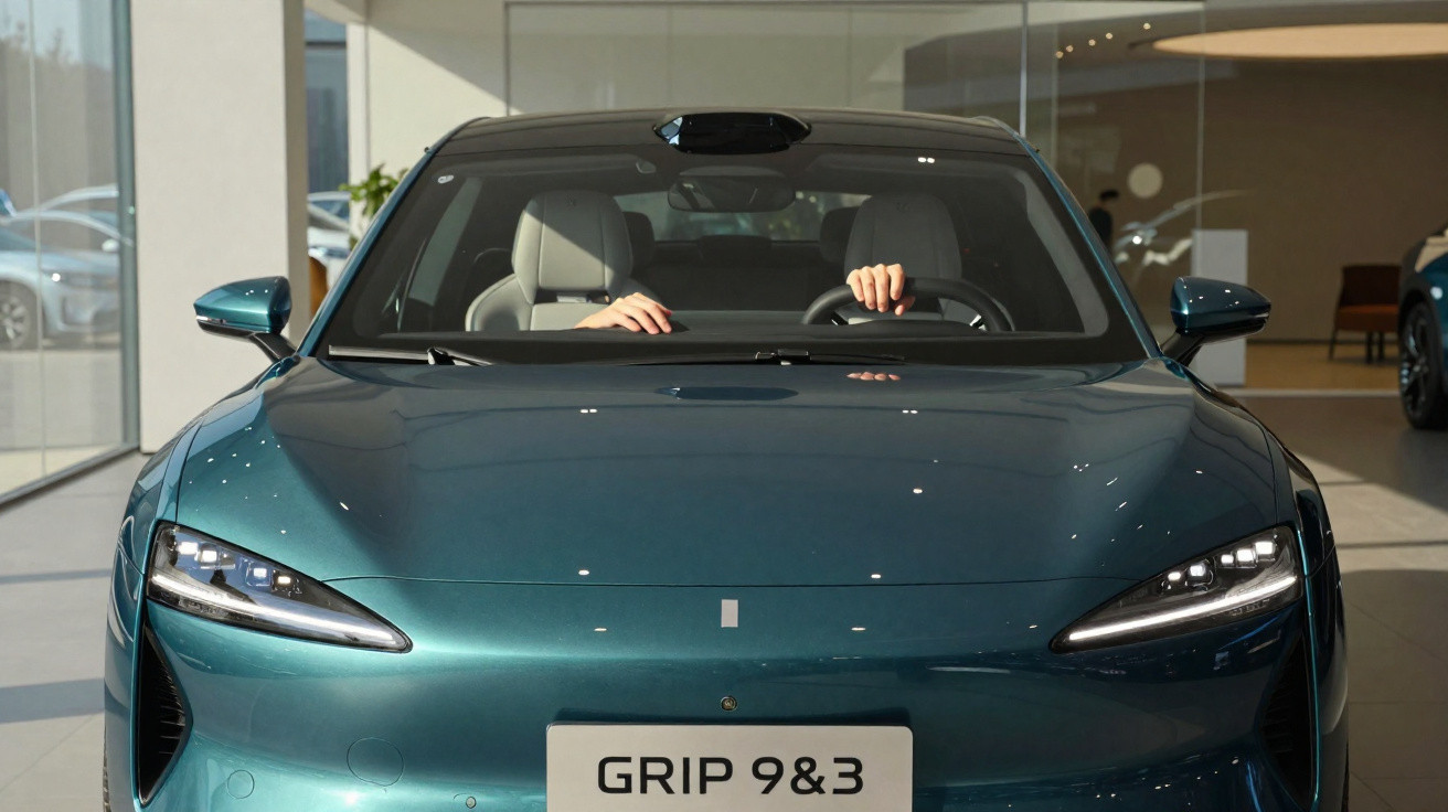 Carro elétrico azul modelo Grip 9&3 visto de frente com motorista ao volante em showroom.