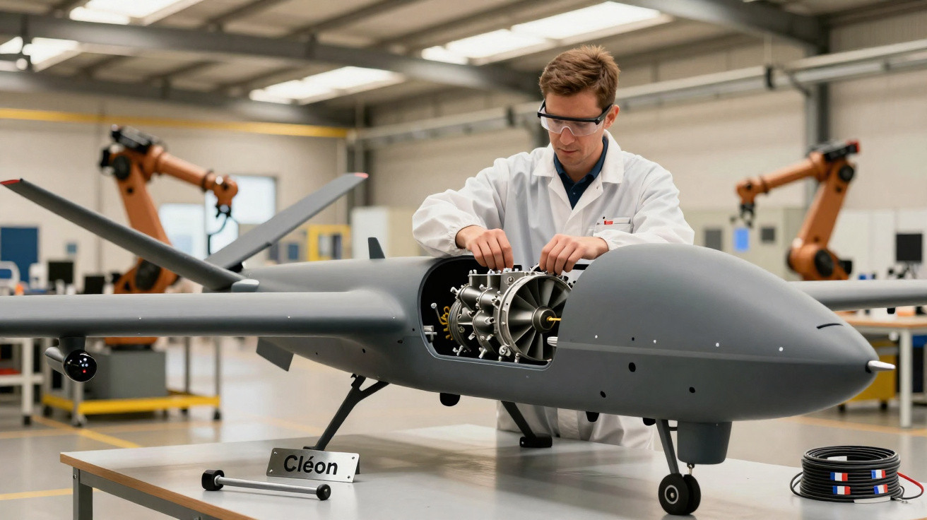 Homem de jaleco ajusta motor de drone cinza em bancada dentro de laboratório industrial.
