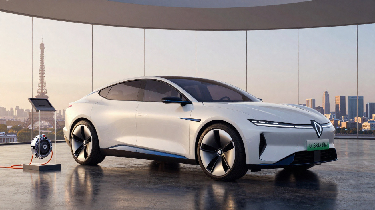 Carro elétrico branco futurista estacionado em ambiente urbano com a Torre Eiffel ao fundo.