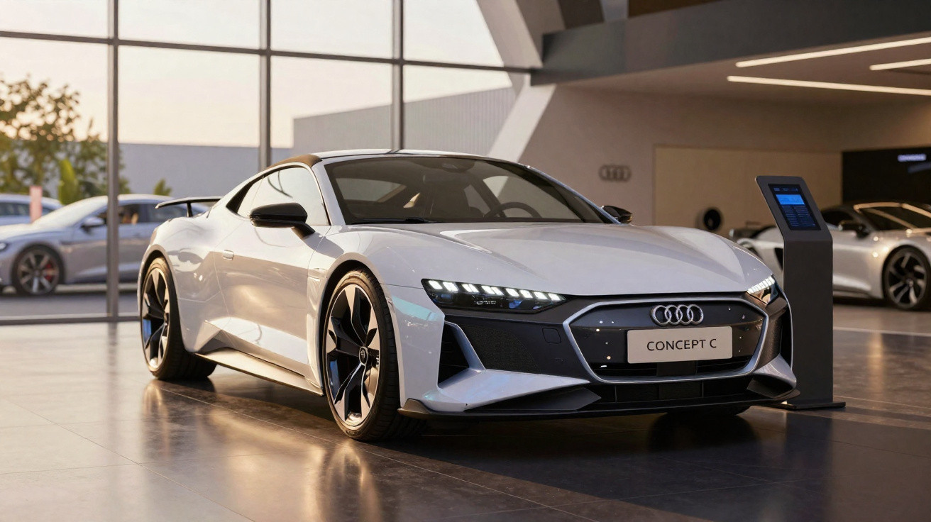 Carro esportivo Audi Concept C branco exposto em showroom moderno com luz natural e outras telas ao fundo.