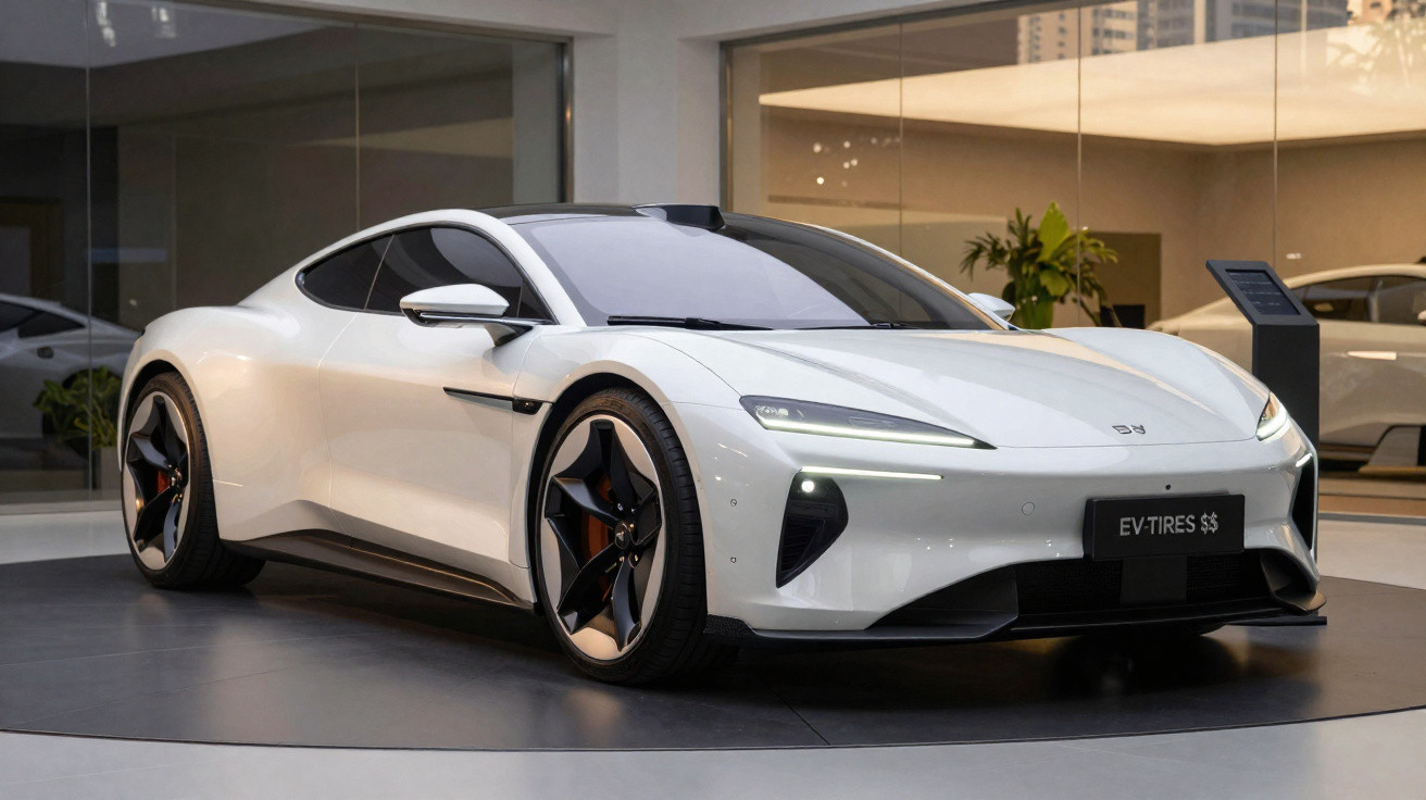 Carro esportivo elétrico branco estacionado em showroom moderno com iluminação suave e vidro ao fundo.