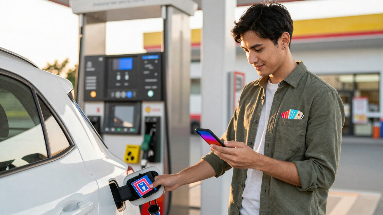 Jovem usando celular para pagar abastecimento de carro em posto de combustível.