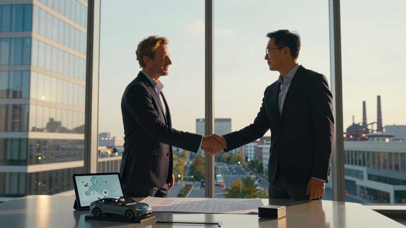 Dois homens de terno apertando as mãos em escritório moderno com vista urbana ao fundo.