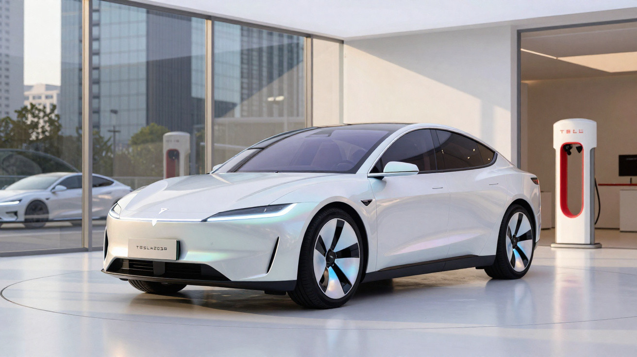 Carro elétrico Tesla branco estacionado em showroom moderno com estação de carregamento ao fundo.