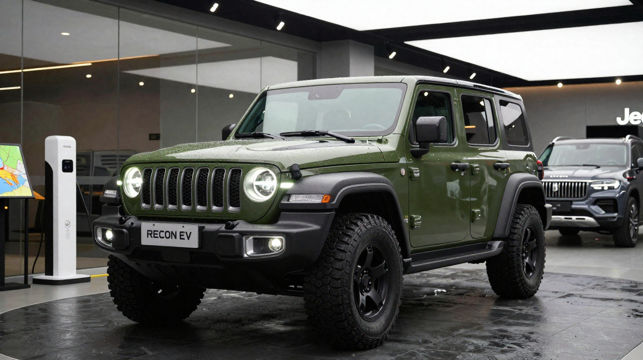 Carro elétrico Jeep Recon EV verde exposto em show de automóveis com faróis acesos.