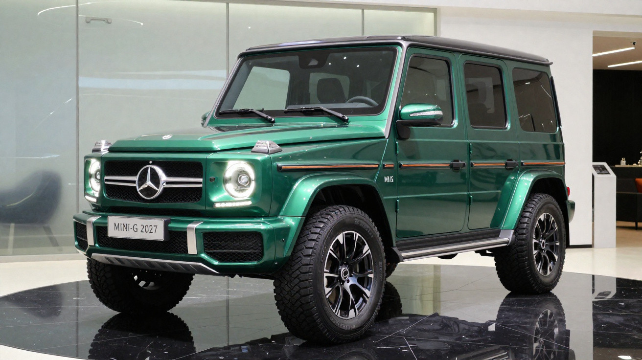 Carro SUV verde metálico Mercedes-Benz MINI-G 2027 exposto em ambiente interno moderno.