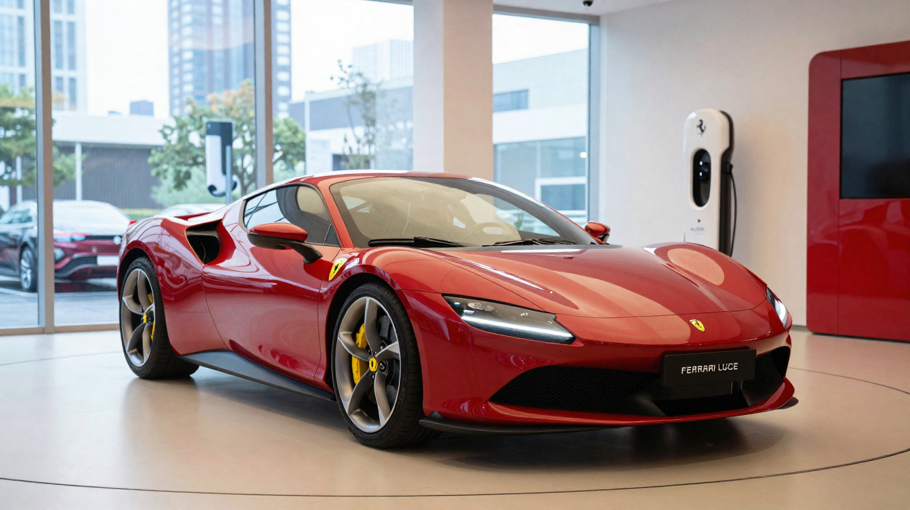 Carro esportivo Ferrari Luce vermelho exibido em showroom moderno com parede de vidro e estação de carregamento.
