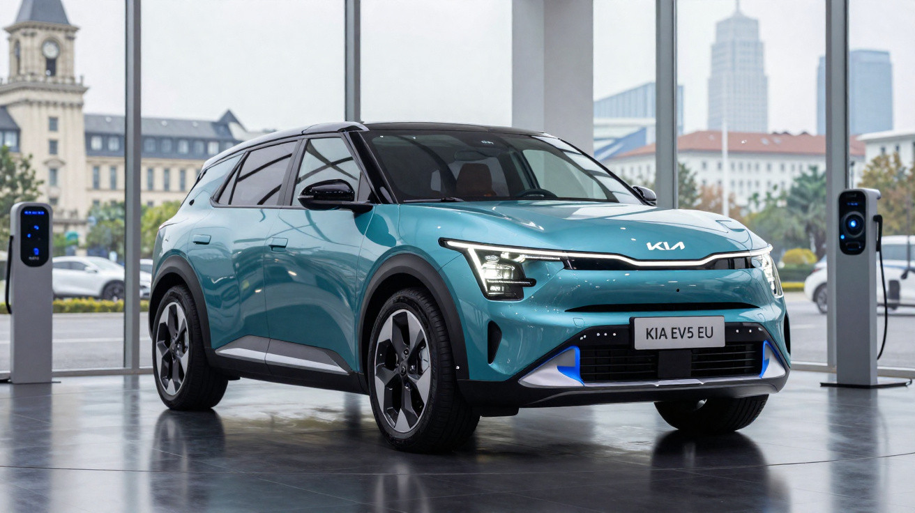 Carro elétrico Kia EV5 azul exibido em showroom moderno com colunas de carregamento ao fundo.