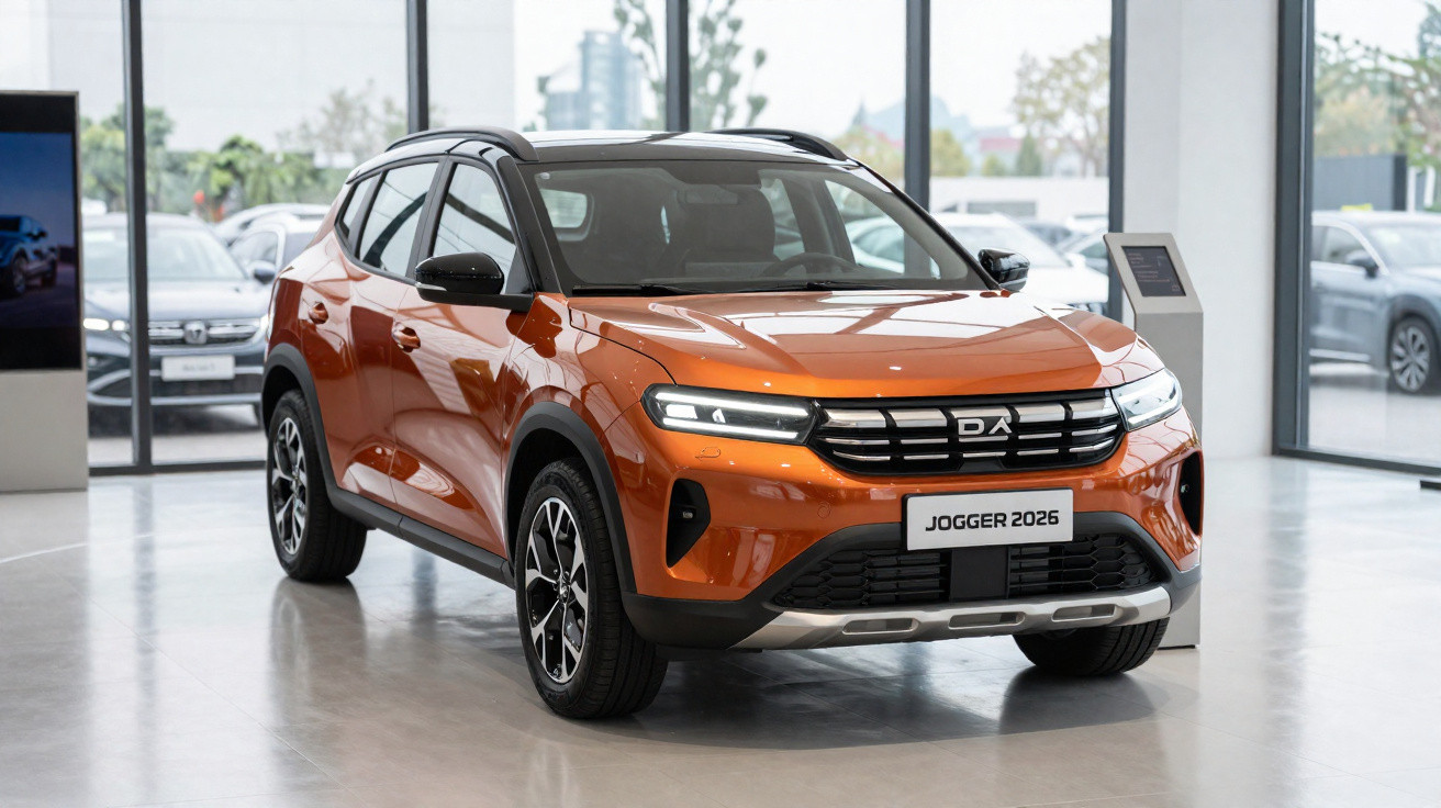 Carro SUV laranja Dacia Jogger 2026 exibido em showroom moderno com chão claro e paredes de vidro.