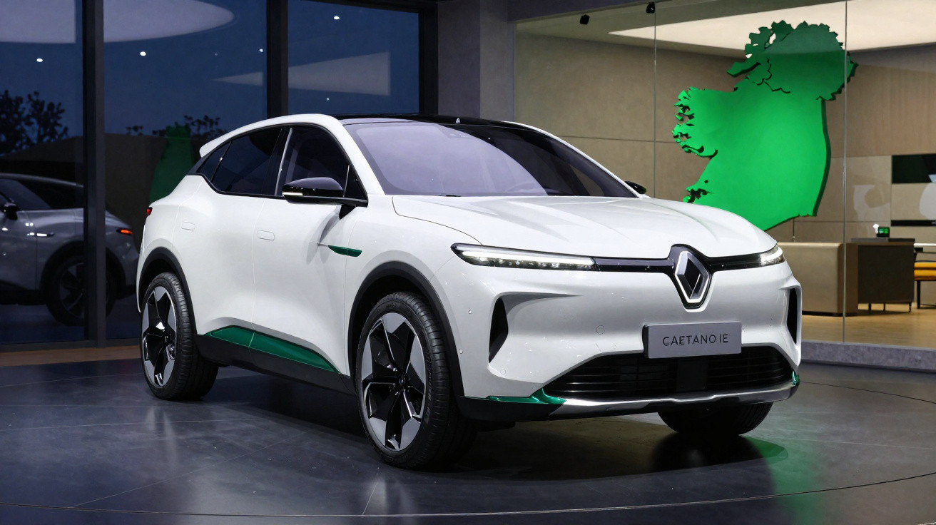 Carro elétrico branco Caetano IE em showroom moderno com iluminação suave e detalhes verdes.