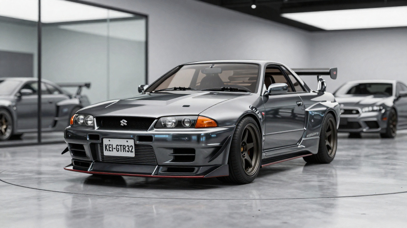 Carro esportivo cinza Nissan Skyline GT-R R32 em exposição interna com outros veículos ao fundo.