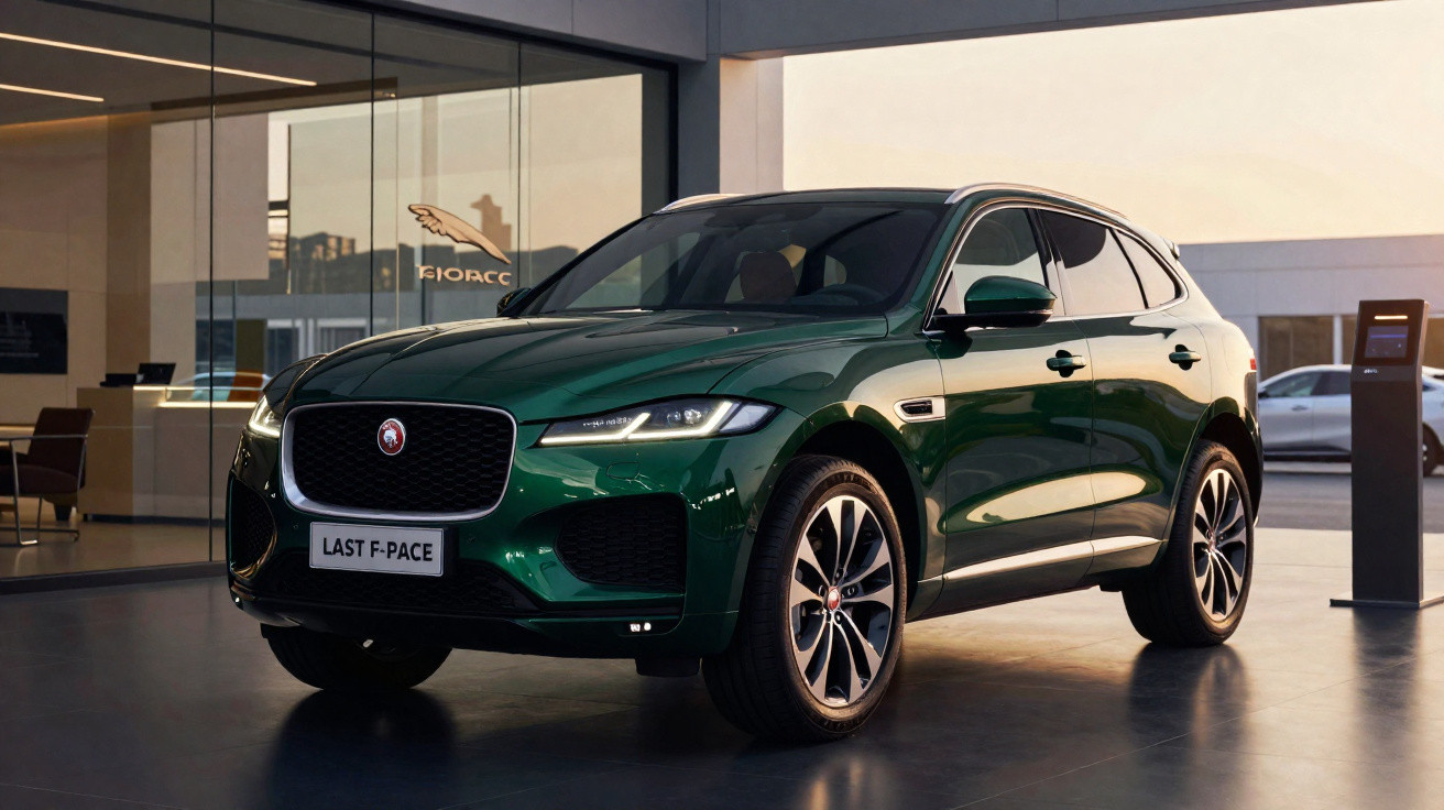 SUV verde Jaguar F-Pace estacionado em showroom moderno, com luz natural refletindo na lataria.