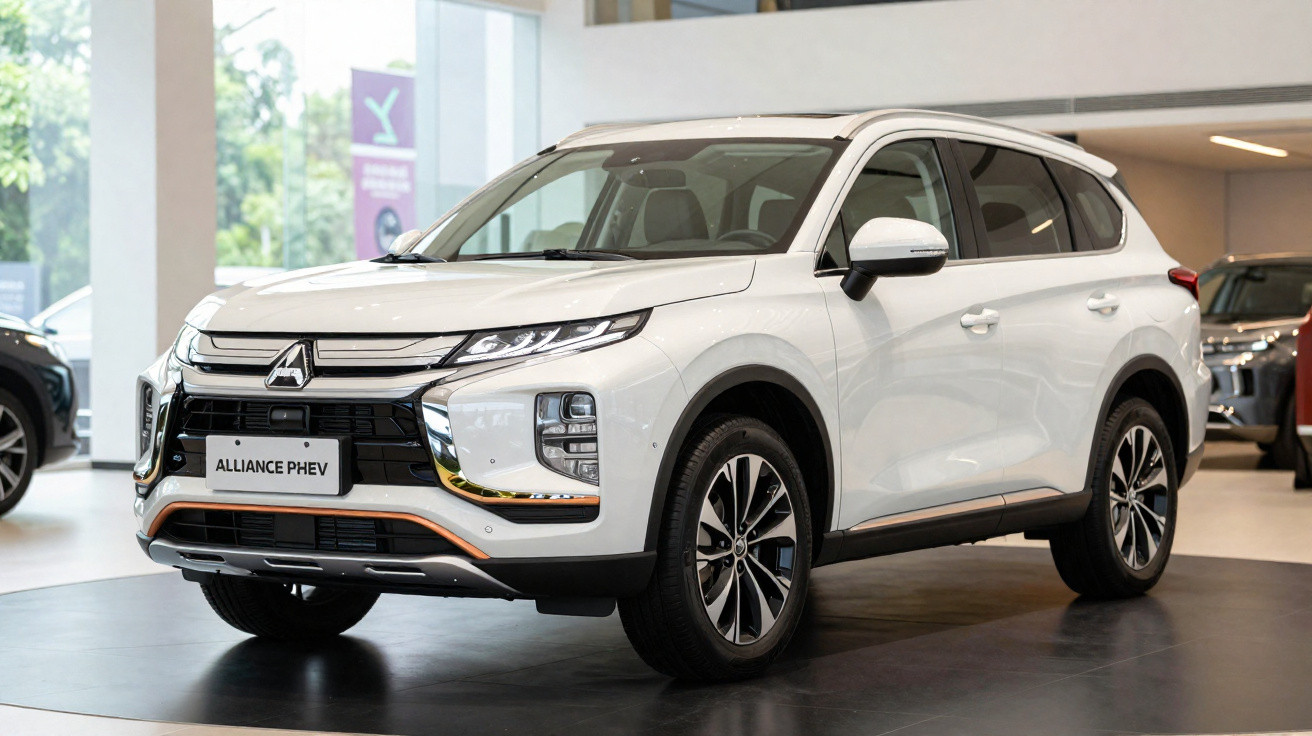 SUV branco Mitsubishi Alliance PHEV em destaque dentro de showroom iluminado.
