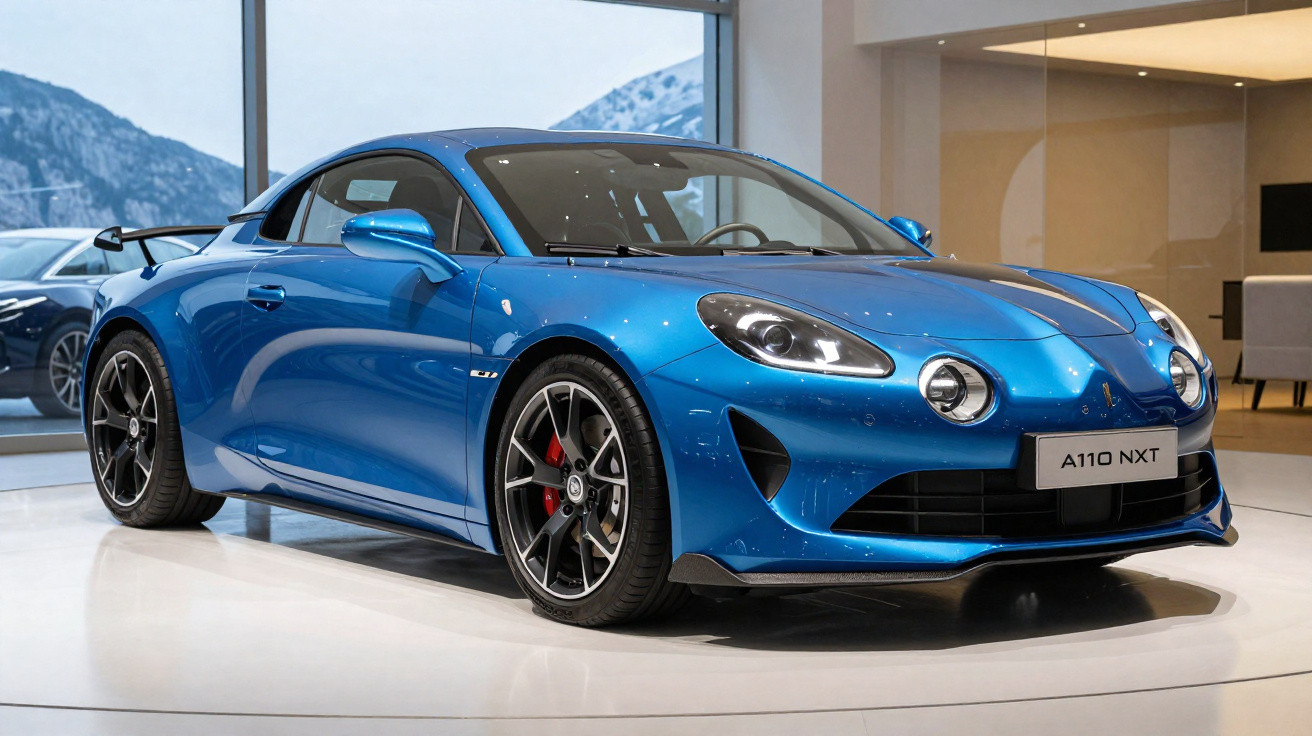 Carro esportivo azul Alpine A110 NXT exibido em showroom com fundo de montanhas nevadas vistas pela janela.