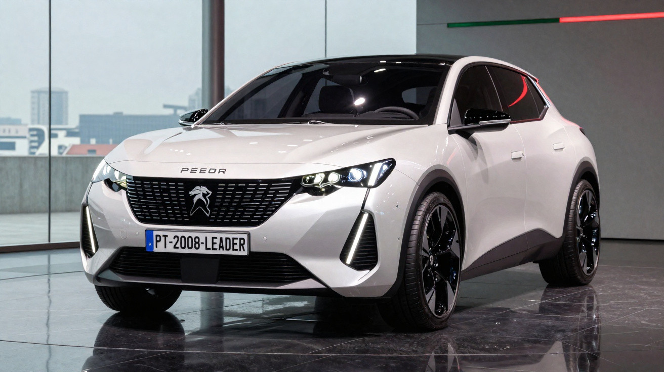 Carro branco estilizado modelo SUV com faróis de LED e rodas pretas em ambiente fechado.