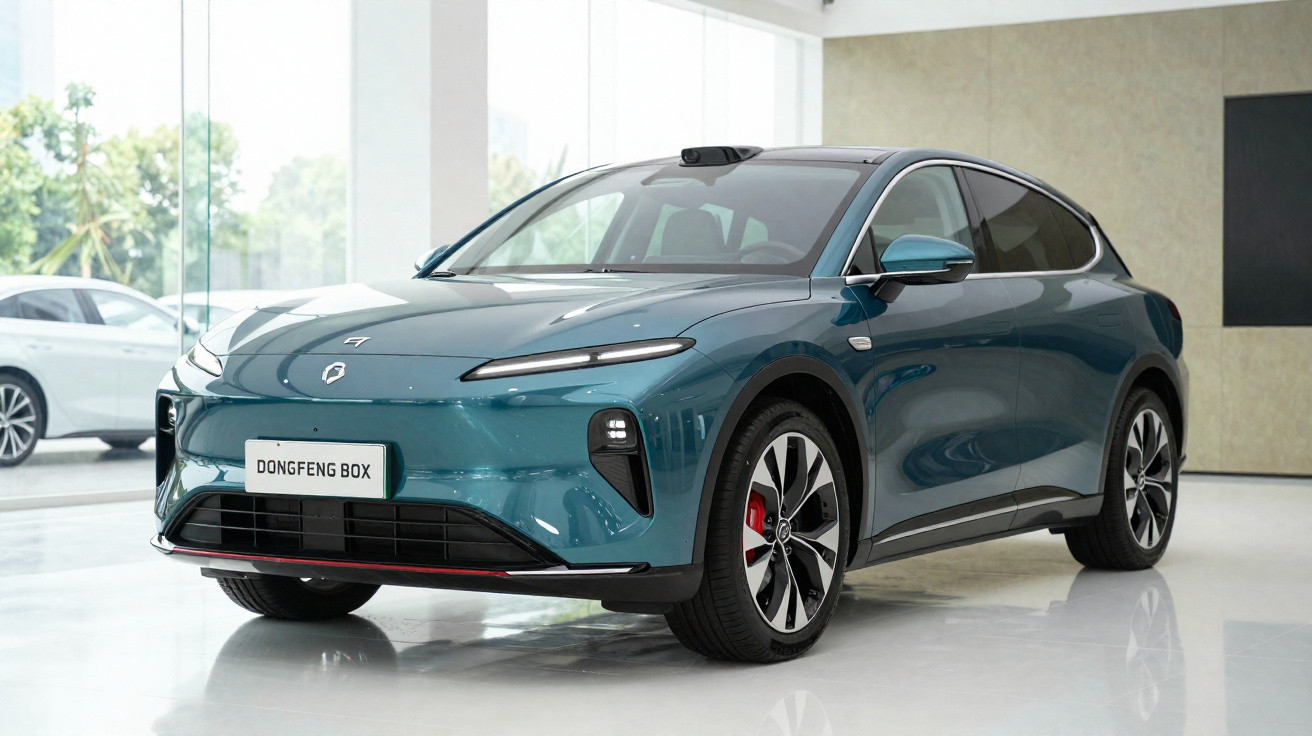 Carro elétrico azul Dongfeng Box exibido em showroom moderno com vidro ao fundo.