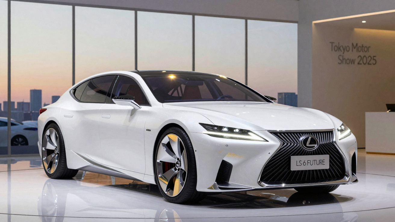 Carro branco Lexus LS 6 Future exposto no Tokyo Motor Show 2025 em ambiente moderno com luz natural.