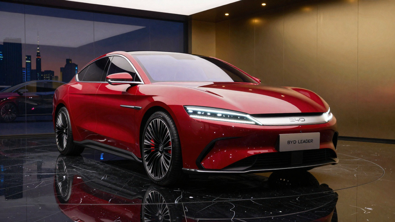 Carro elétrico sedã vermelho BYD Leader em exposição com teto e paredes modernas ao fundo.