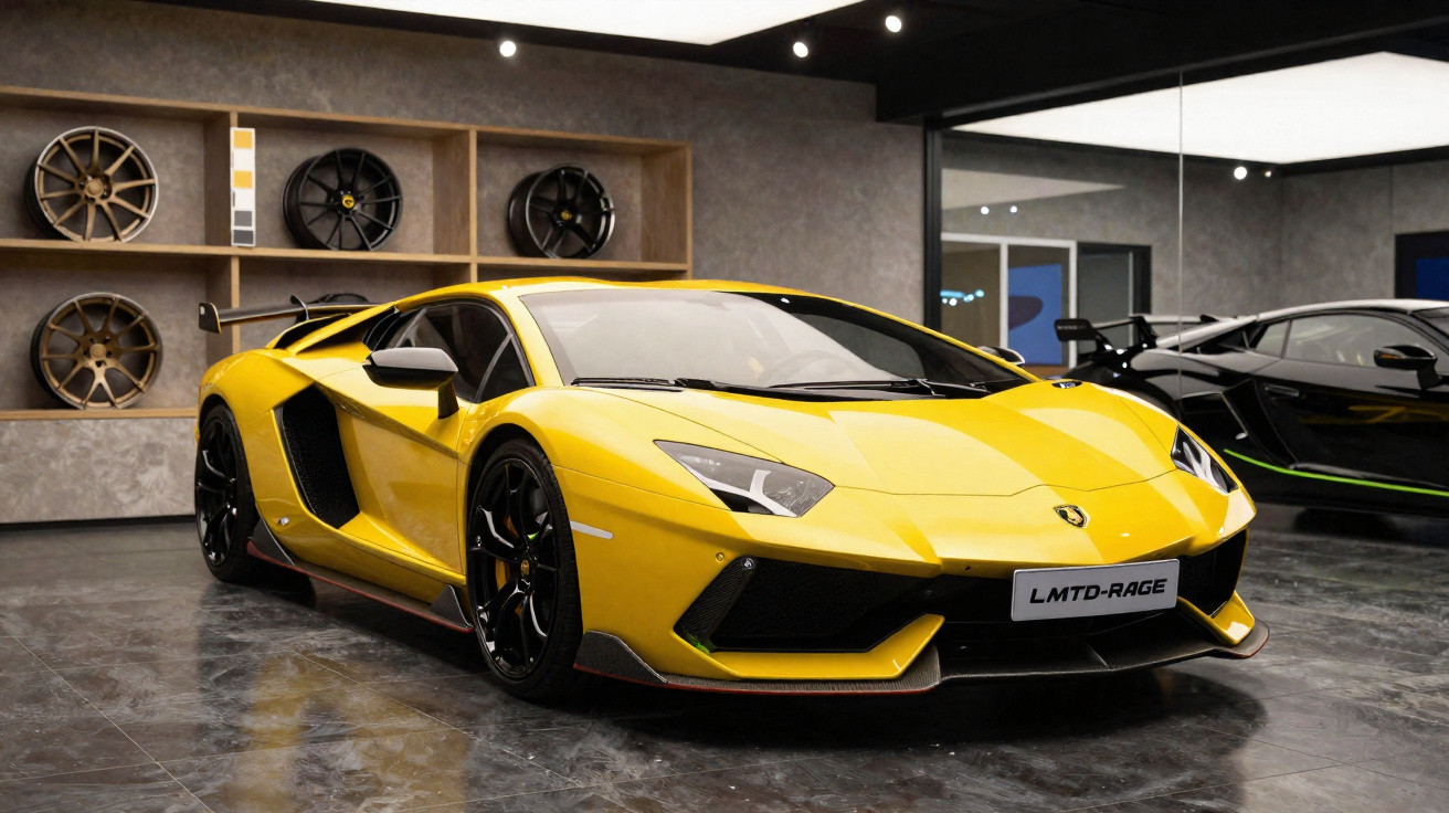 Carro esportivo amarelo exibido em showroom com rodas esportivas na parede ao fundo.