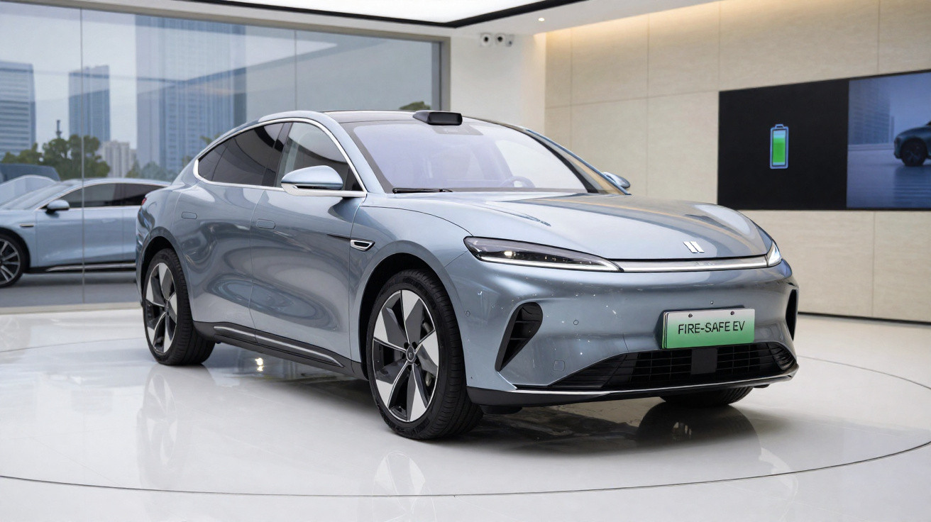 Carro elétrico cinza prateado moderno em ambiente interno com placa verde indicando "Fire-Safe EV".