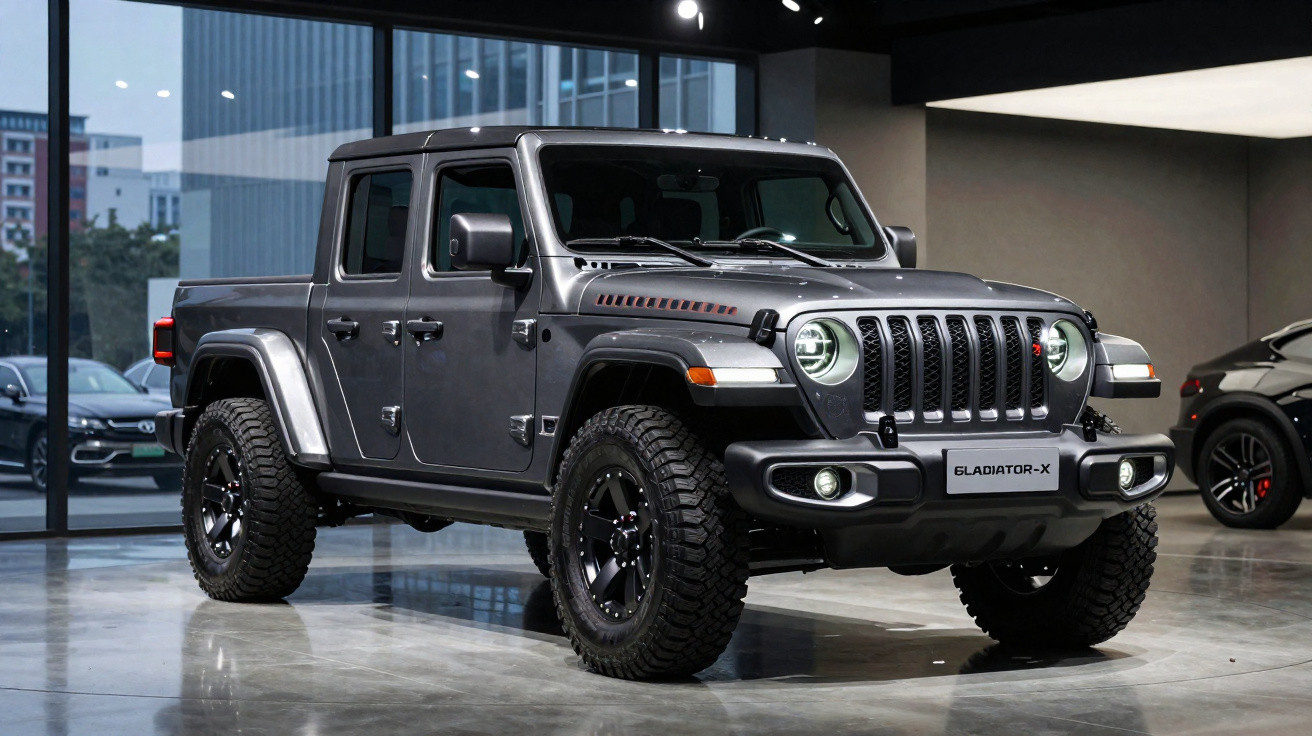 Picape Jeep Gladiator-X cinza estacionada em salão com pneus robustos e faróis acesos.