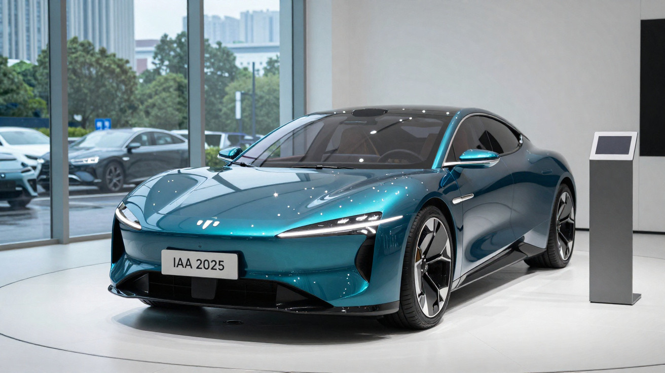 Carro esportivo elétrico azul exibido em salão com iluminação moderna e placa IAA 2025.