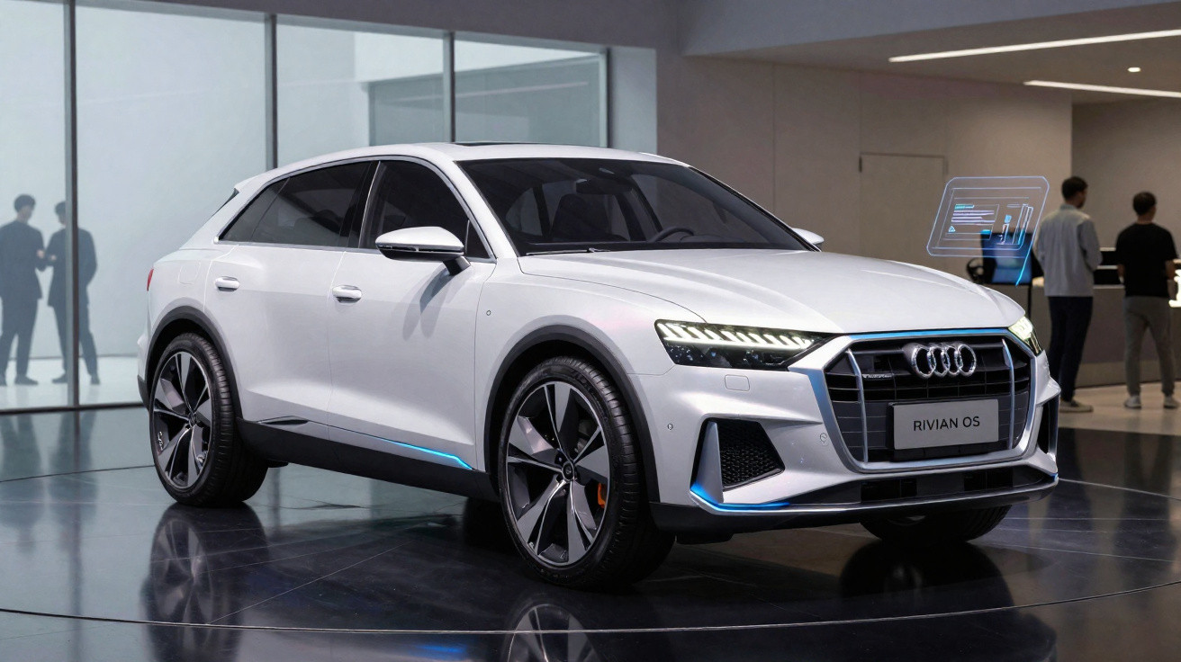 Carro elétrico branco Audi SUV em exposição, ambiente moderno com pessoas ao fundo.