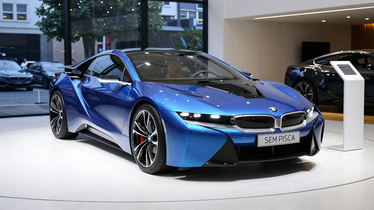 Carro esportivo BMW azul exibido em salão, com placa personalizada "SEM PISCA".