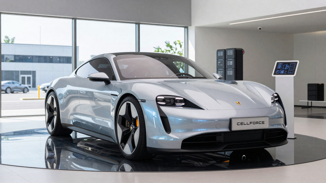 Carro esportivo elétrico prata exposto em showroom moderno com grandes janelas.