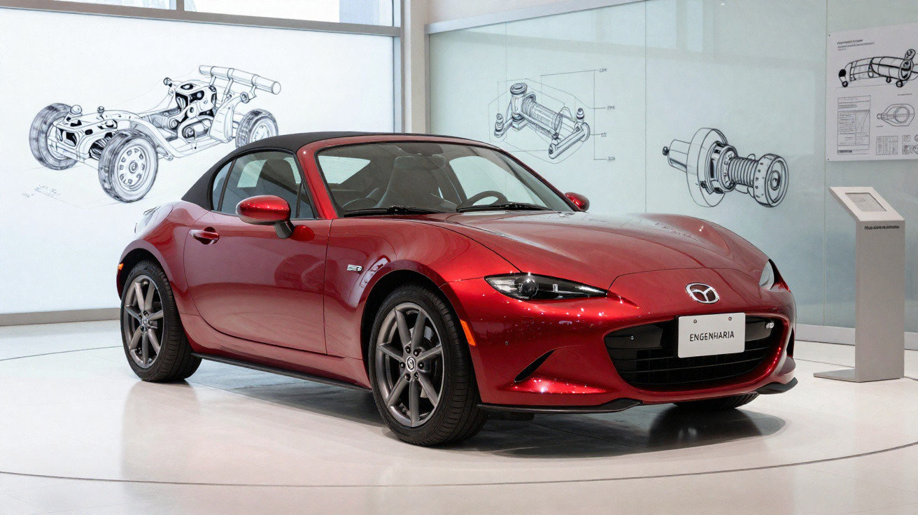 Carro esportivo vermelho Mazda MX-5 em exibição com desenhos técnicos de peças automotivas no fundo.