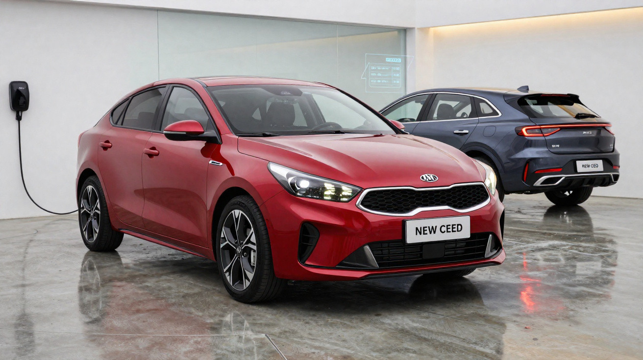 Dois carros Kia New Ceed, um vermelho carregando na parede e outro azul ao fundo, em piso refletivo.