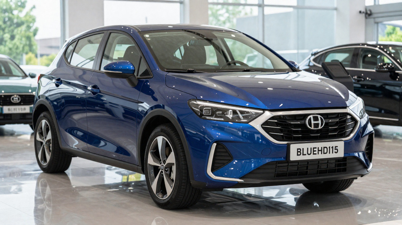 Carro hatchback azul metálico exposto em showroom moderno com piso brilhante.