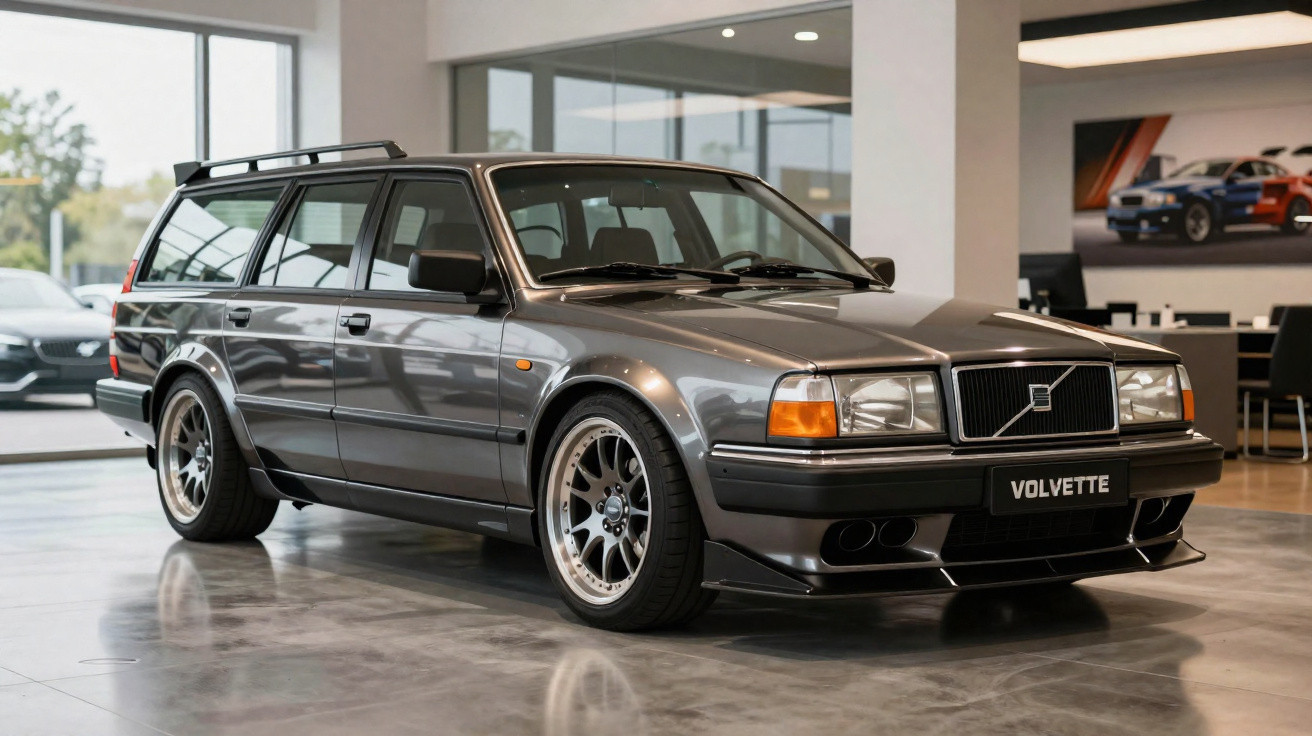 Carro Volvo cinza clássico estilo perua, com rodas esportivas, em salão de exposição moderno.