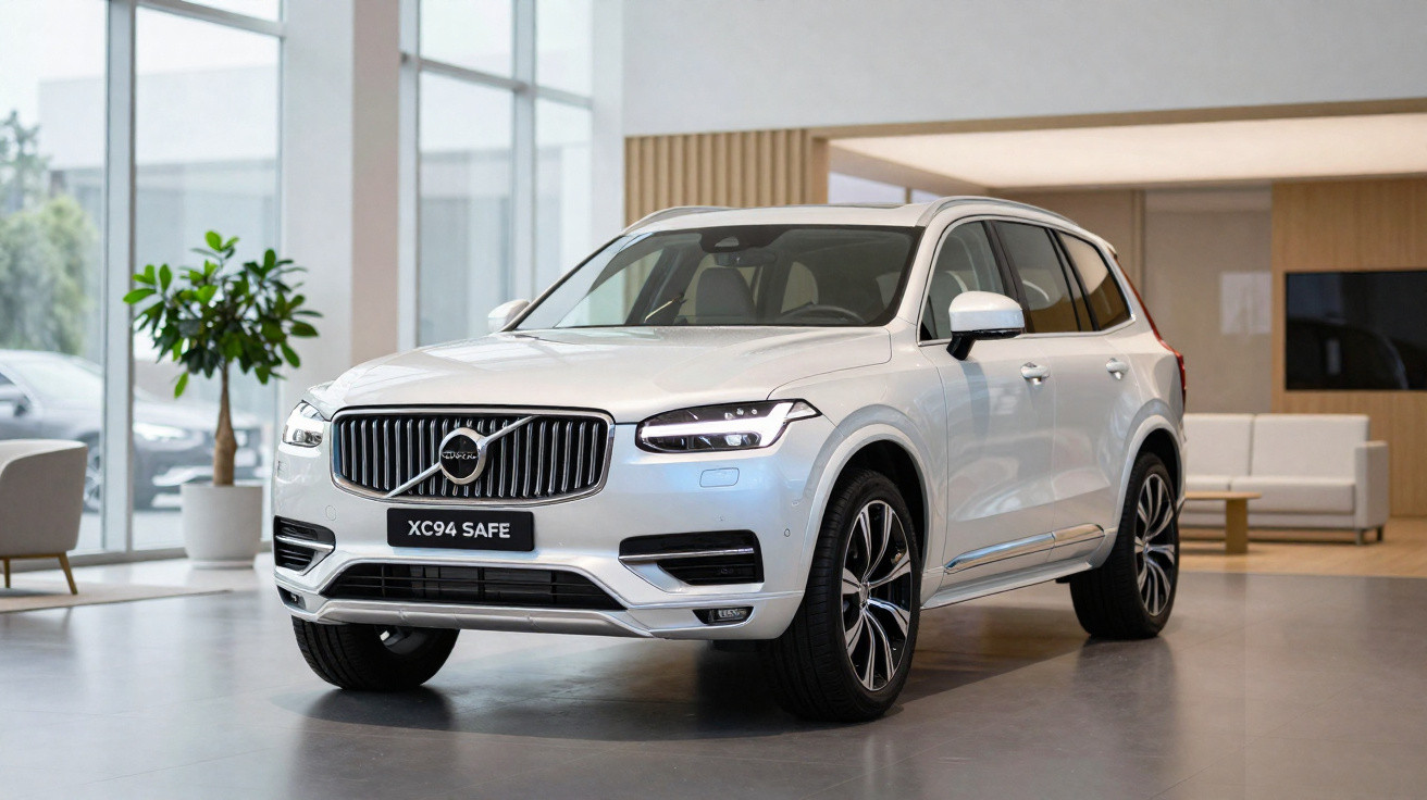 SUV branco Volvo XC94 SAFE em showroom moderno com piso cinza e decoração minimalista.