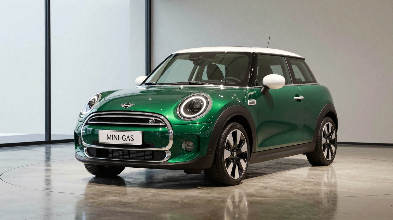Carro Mini Cooper verde com teto branco estacionado em piso brilhante dentro de ambiente interno neutro.
