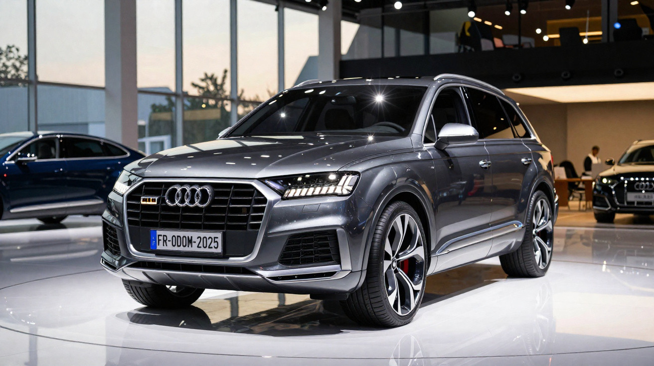 Audi Q7 cinza estacionado em salão de automóveis com iluminação moderna refletida no carro.