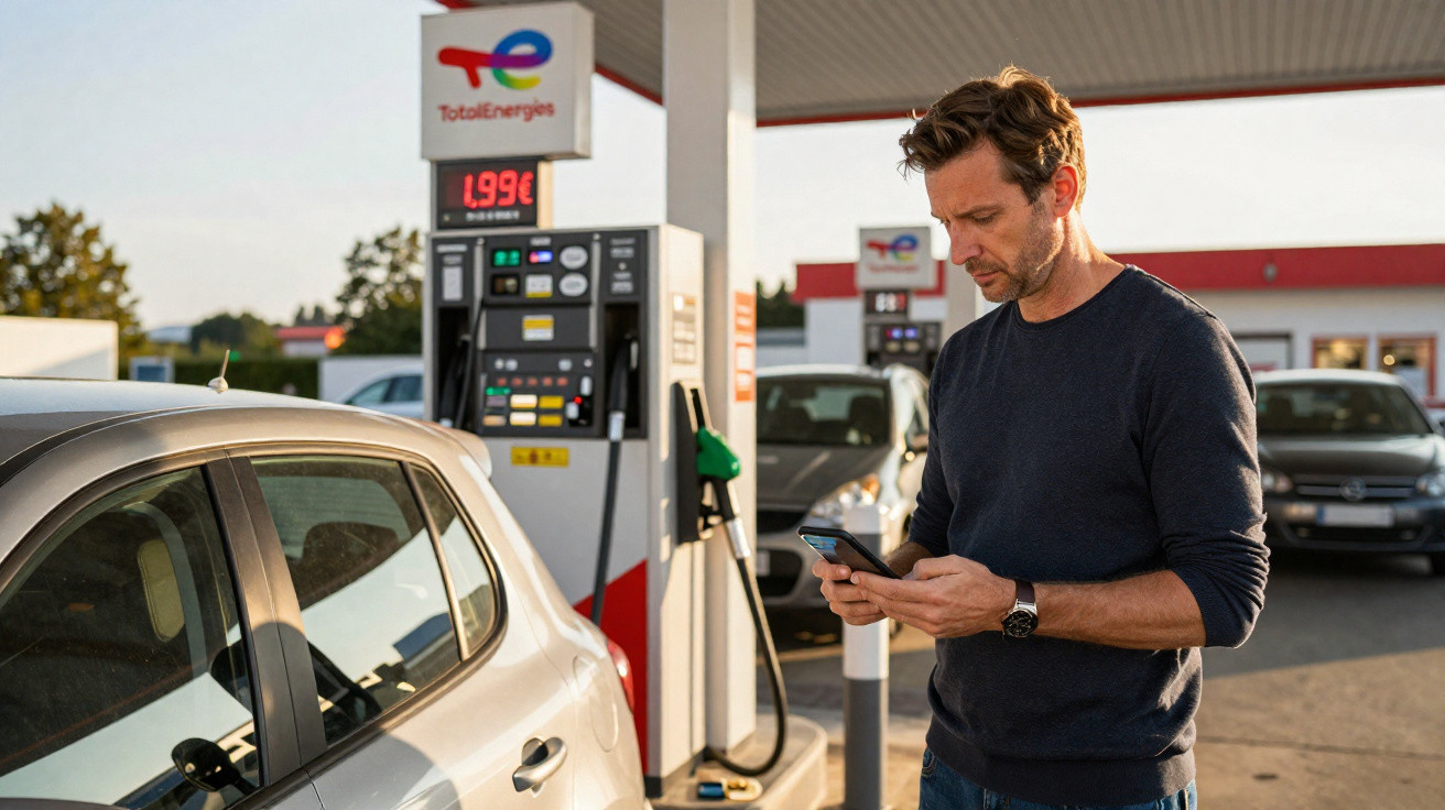 Homem usando celular ao lado de carro em posto de gasolina com preço do combustível visível.
