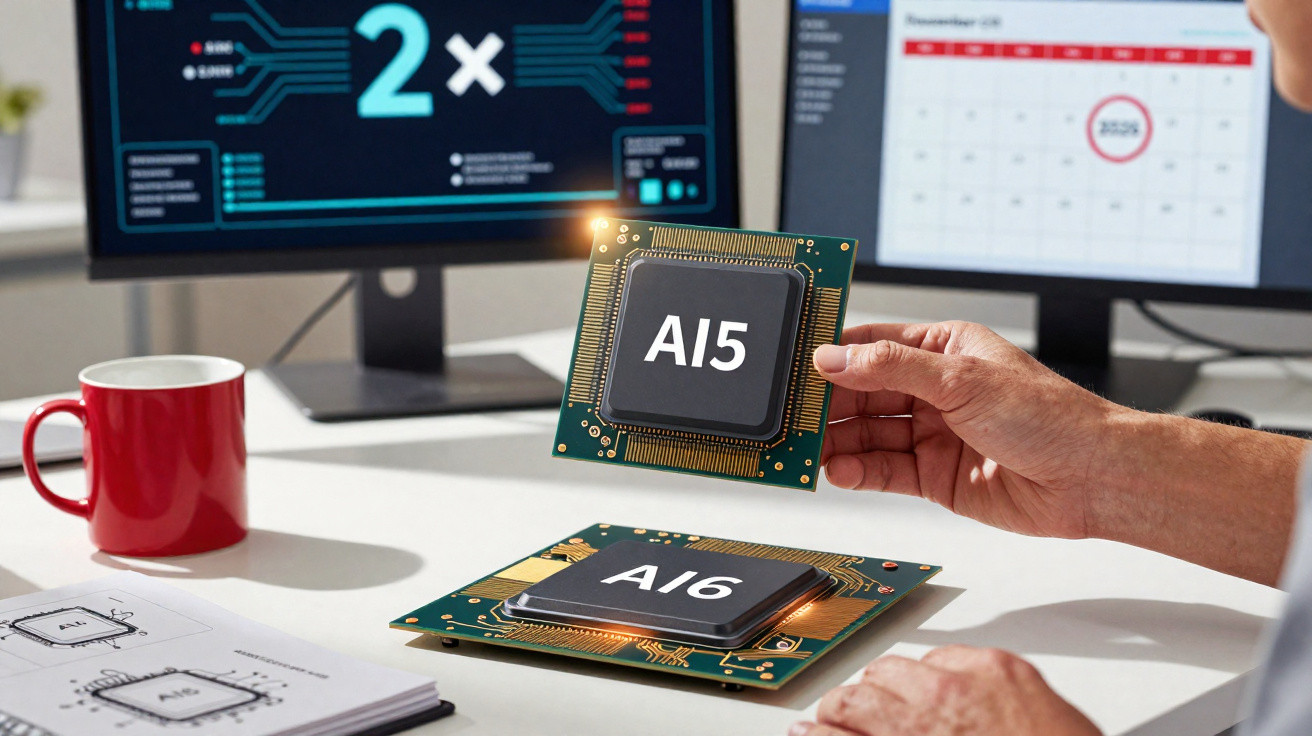 Pessoa segurando chip de computador com texto "AI5" ao lado de chip "AI6" sobre mesa com dois monitores ao fundo.
