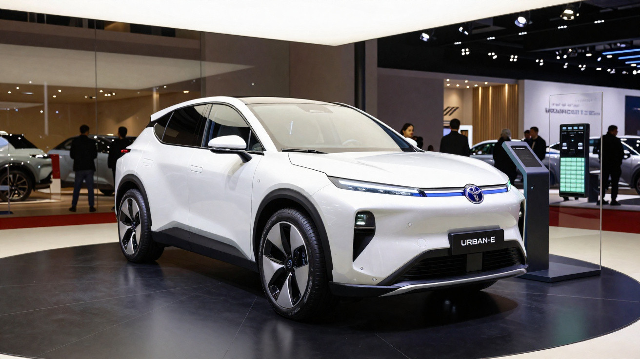Carro elétrico branco Toyota Urban-E exibido em salão automotivo com iluminação moderna.