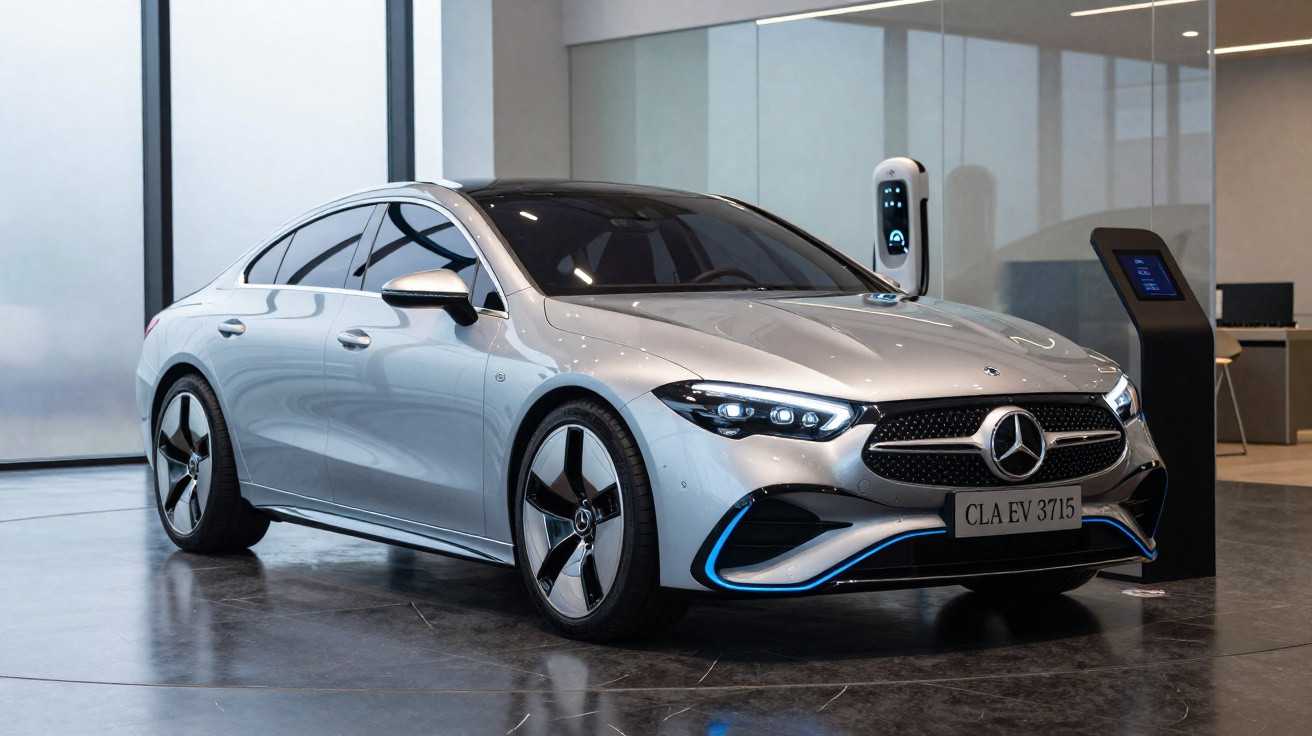 Carro elétrico prata Mercedes-Benz CLA EV 3715 estacionado em showroom, conectado a carregador.